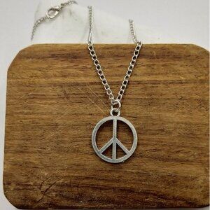 Peace Sign Pendant Vintage Charm Silver Tone Necklace